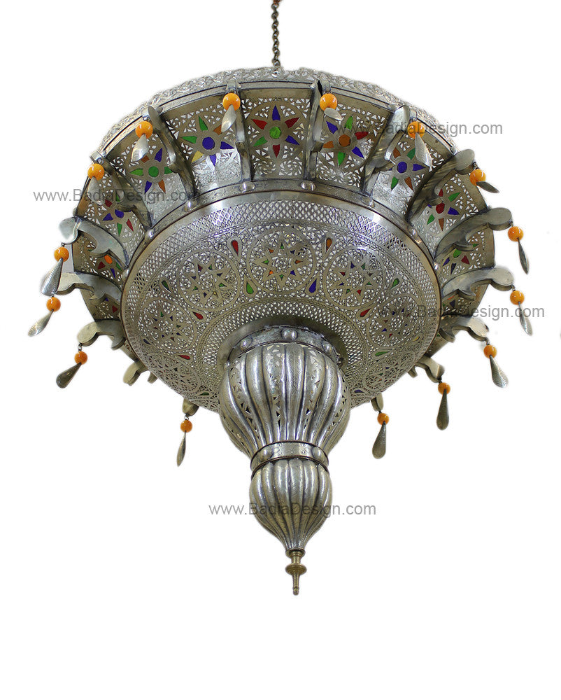 Moroccan Silver Chandelier with Multi-Color Glass Eyelets