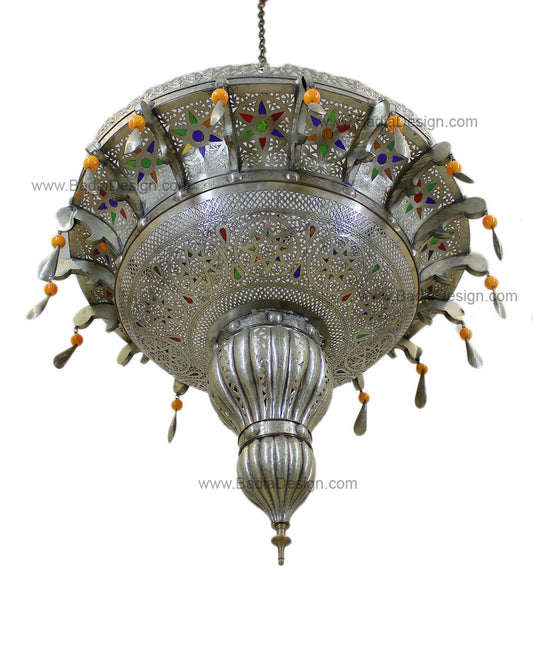 Moroccan Silver Chandelier with Multi-Color Glass Eyelets