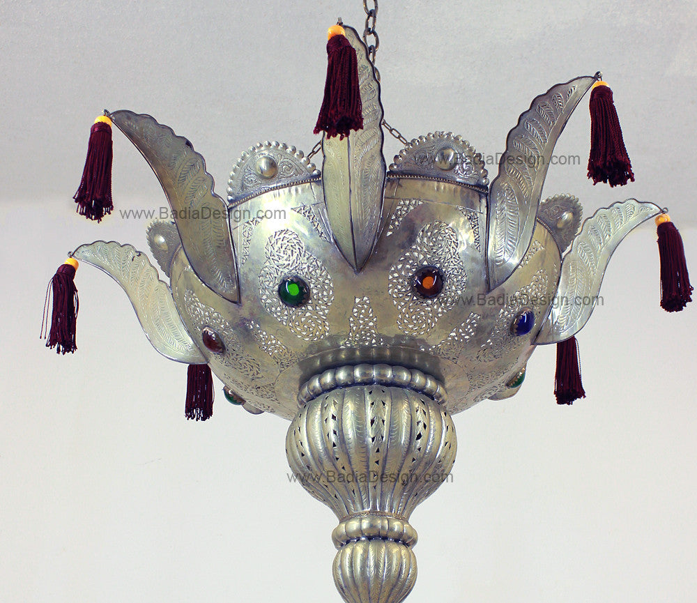Moroccan Silver Chandelier with Multi-Color Glass Eyelets