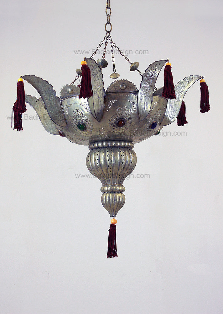 Moroccan Silver Chandelier with Multi-Color Glass Eyelets