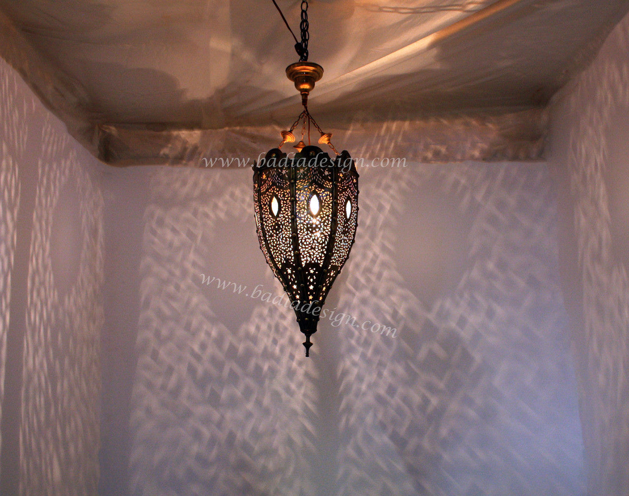 Pointed Brass Chandelier with White Glass