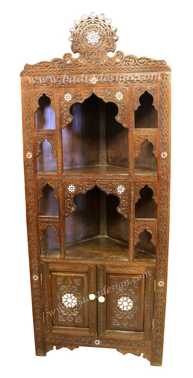 Carved Wood Bone Inlay Corner Bookshelf - CW-CA024