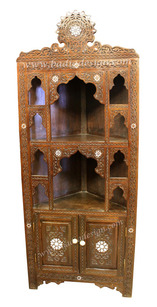Carved Wood Bone Inlay Corner Bookshelf - CW-CA024