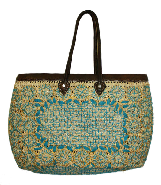 Moroccan Blue Hand Designed Straw Bag - HB003-BL