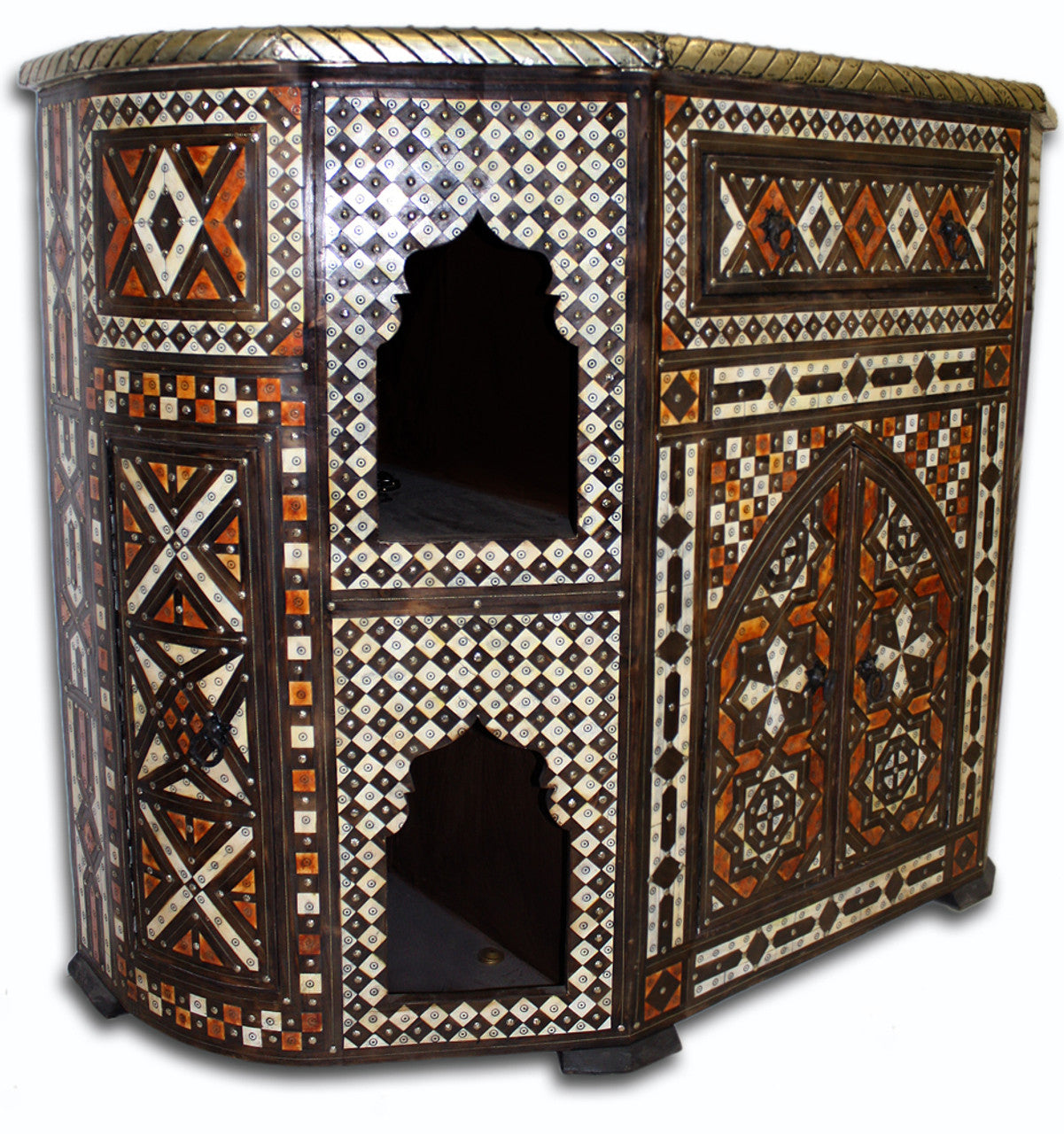 Bone Inlay and Embossed Metal Cabinet with Mirror