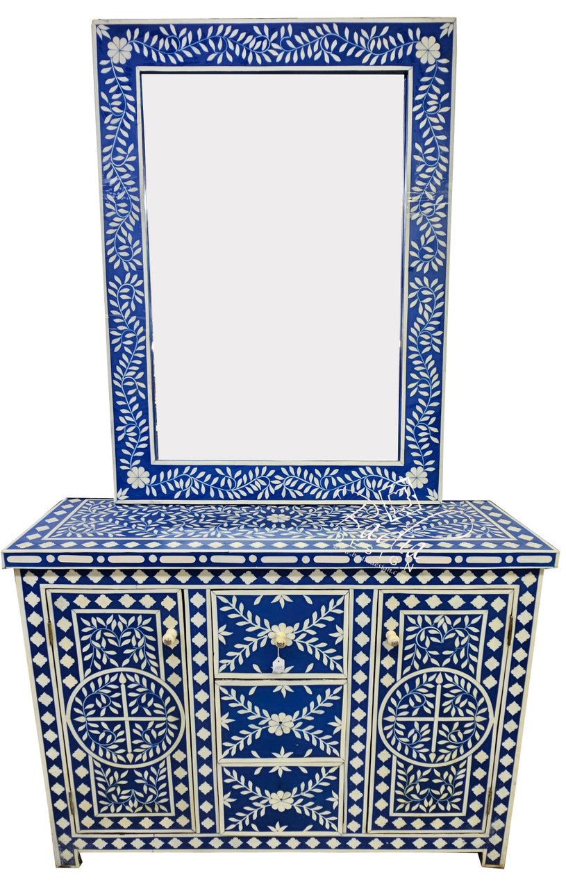 Blue Camel Bone Inlay Dresser with Mirror Set