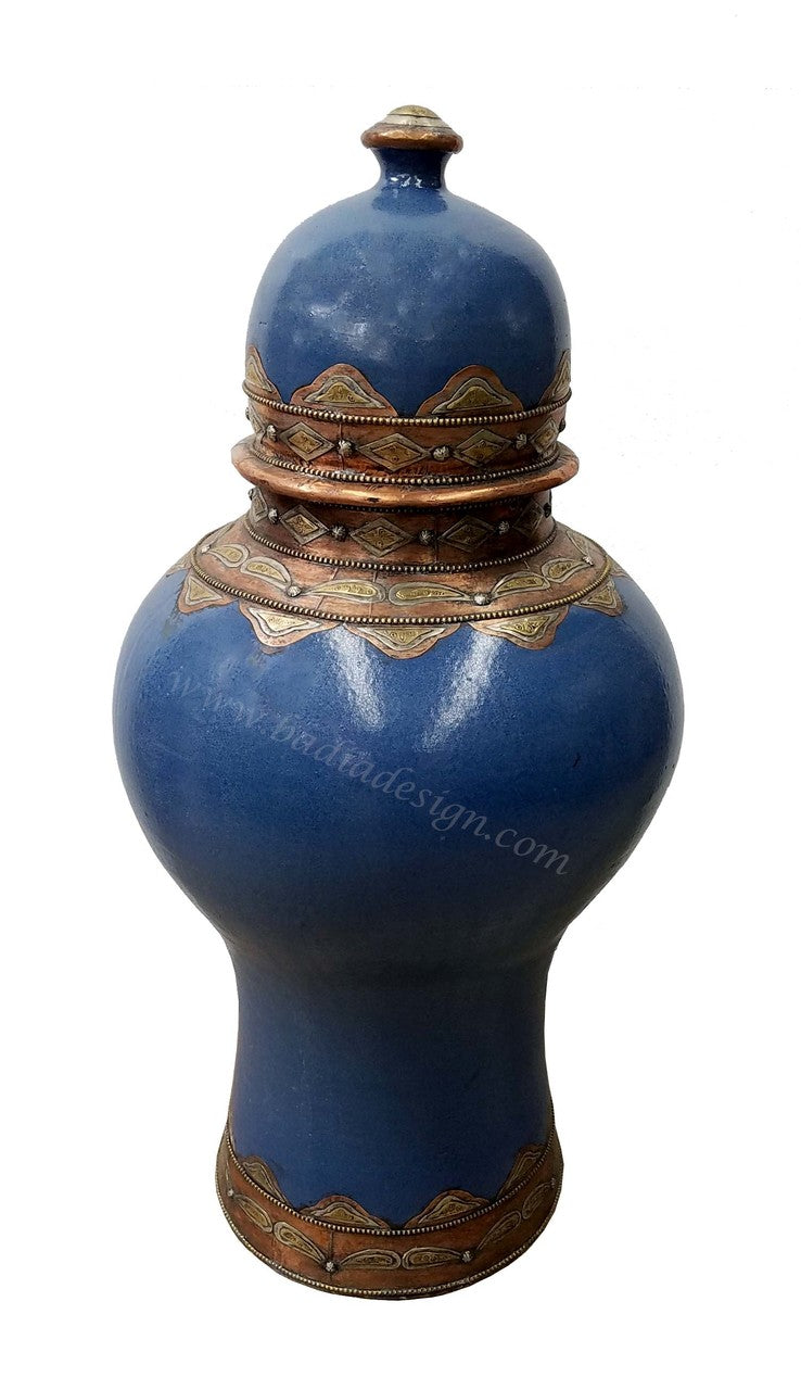 Blue Hand Painted Metal and Ceramic Urn