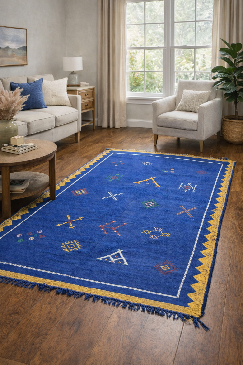 Deep Blue Cactus Silk Rug with Tribal Designs