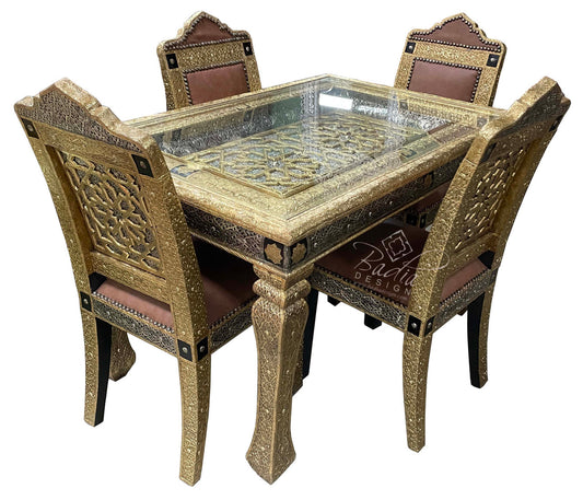 Embossed Brass Dining Room Table with Four Chairs Set