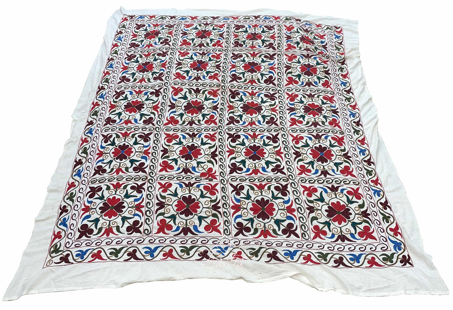 89" W x 104" H - Colorful Suzani Quilt for Bed or Sofa  - SUZQLT029