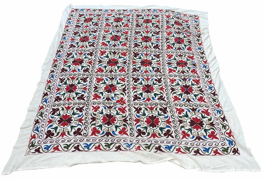 89" W x 104" H - Colorful Suzani Quilt for Bed or Sofa  - SUZQLT029