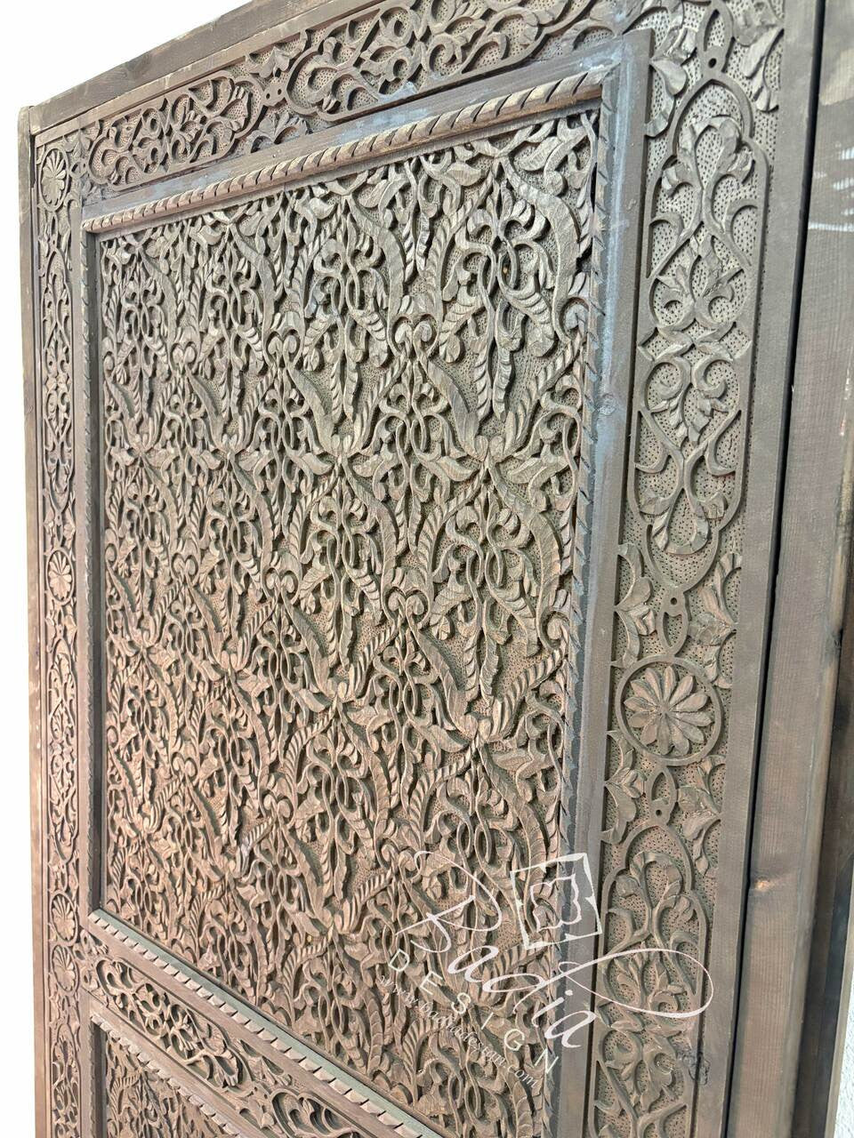 Dark Stained Hand Carved Wooden Door