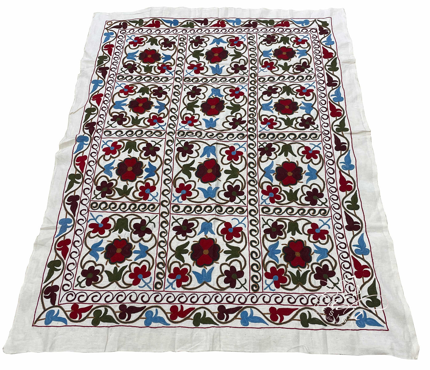 54" W x 71" H - Flower Pattern Muti-Color Suzani Quilt - SUZQLT038