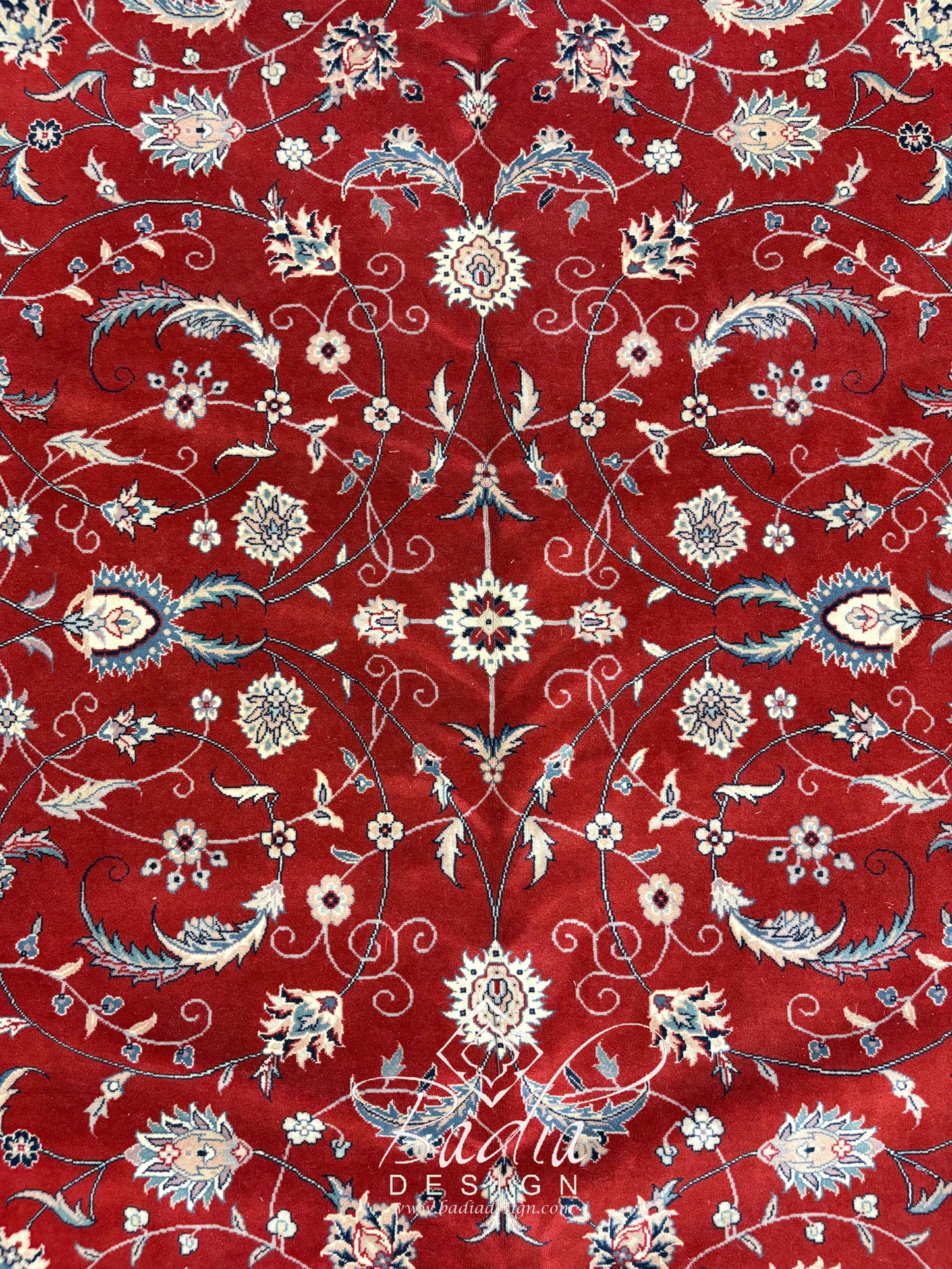 Deep Ruby Red Rug with Multi-Color Floral Motif Designs