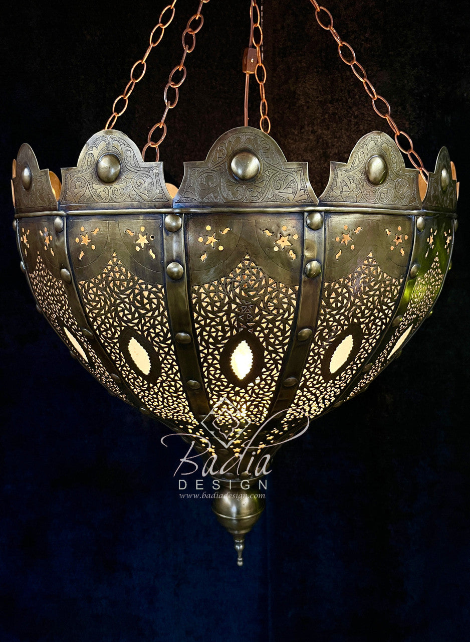 Intricately Designed Brass Chandelier with White Glass Eyelets