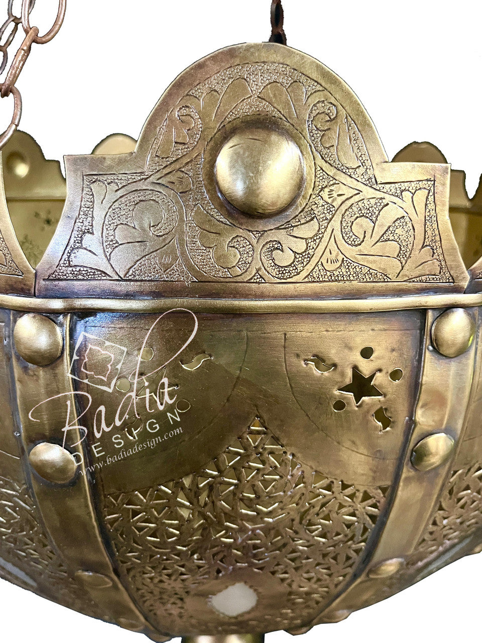 Intricately Designed Brass Chandelier with White Glass Eyelets