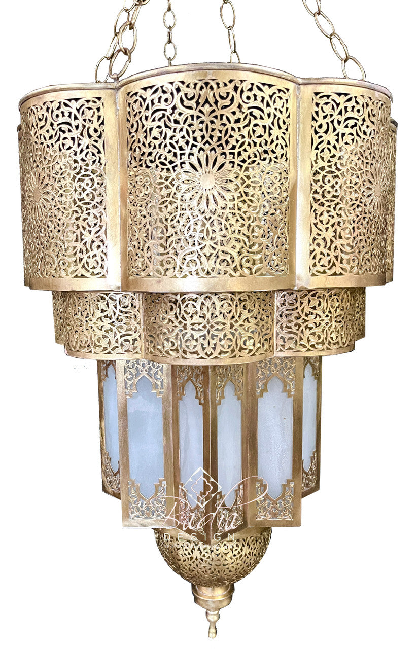 Large Brass Chandelier with White Glass
