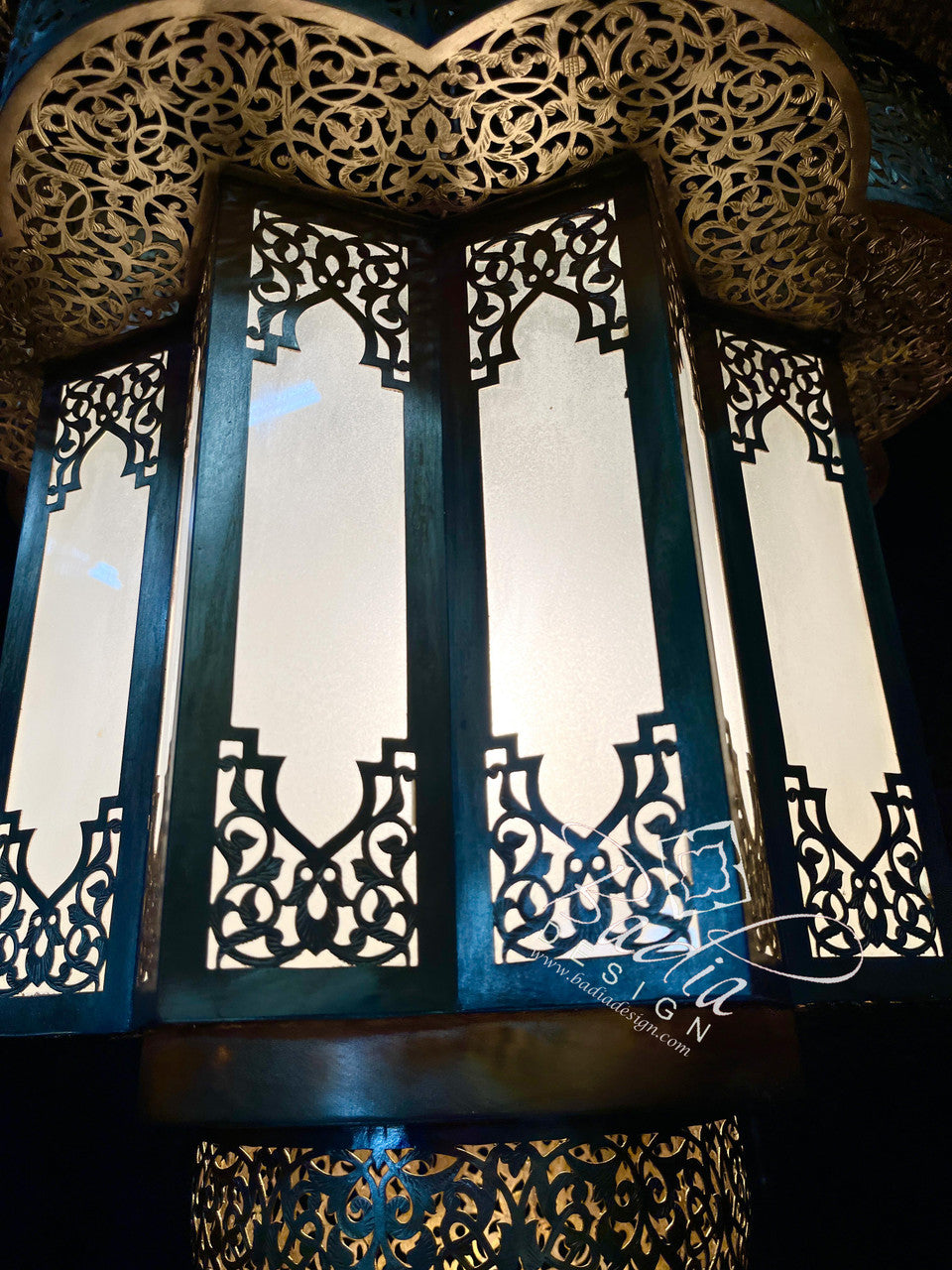 Large Brass Chandelier with White Glass