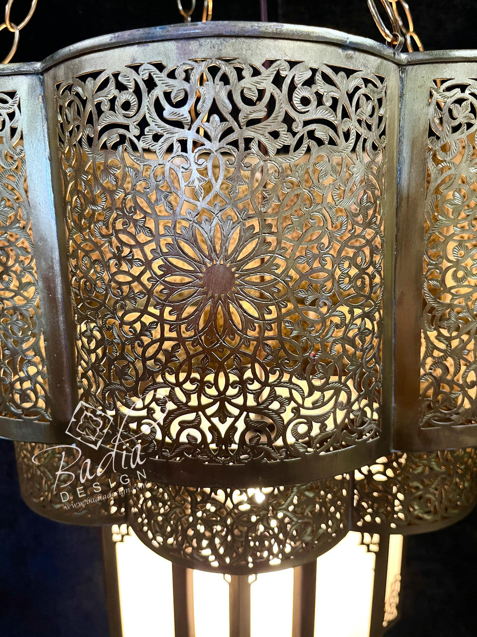 Large Brass Chandelier with White Glass