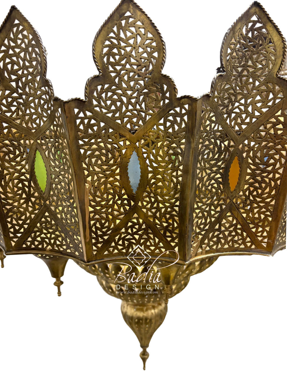 Large Brass Chandelier with Multi-Color Glass Eyelets