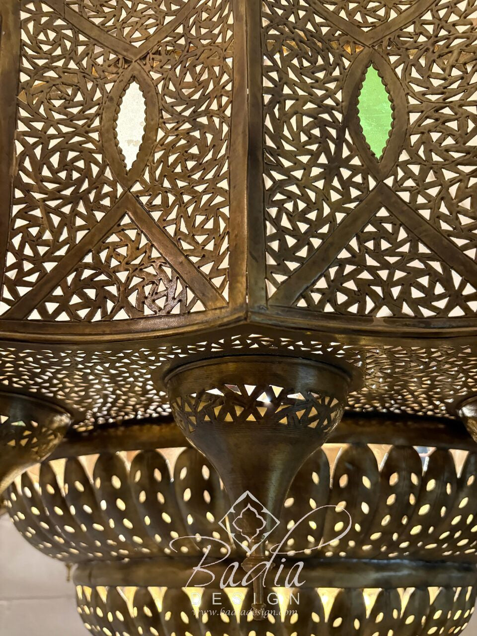 Large Brass Chandelier with Multi-Color Glass Eyelets