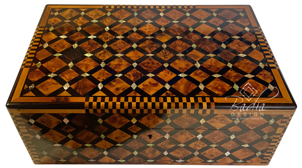 Large Wooden Thuya Jewelry Box with Mother of Pearl Inlay