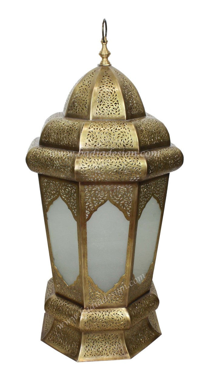 Large Brass Floor Lantern with White Glass