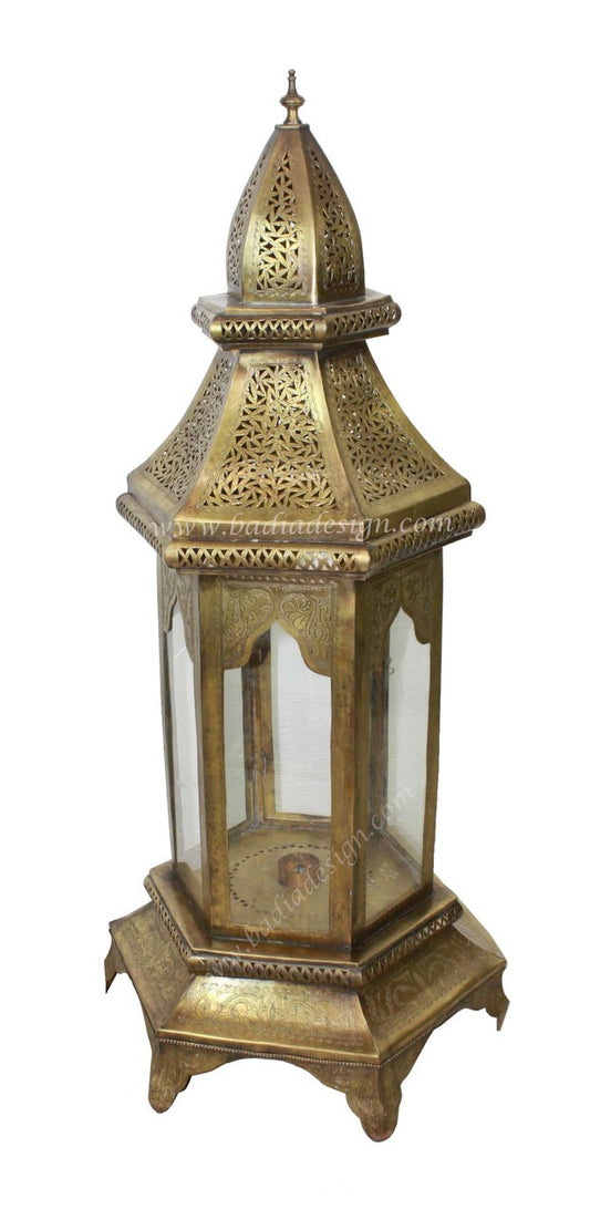 Large Brass Floor Lantern with Clear Glass