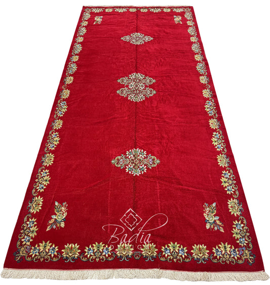 Red Runner Rug with Multicolor Geometric Designs