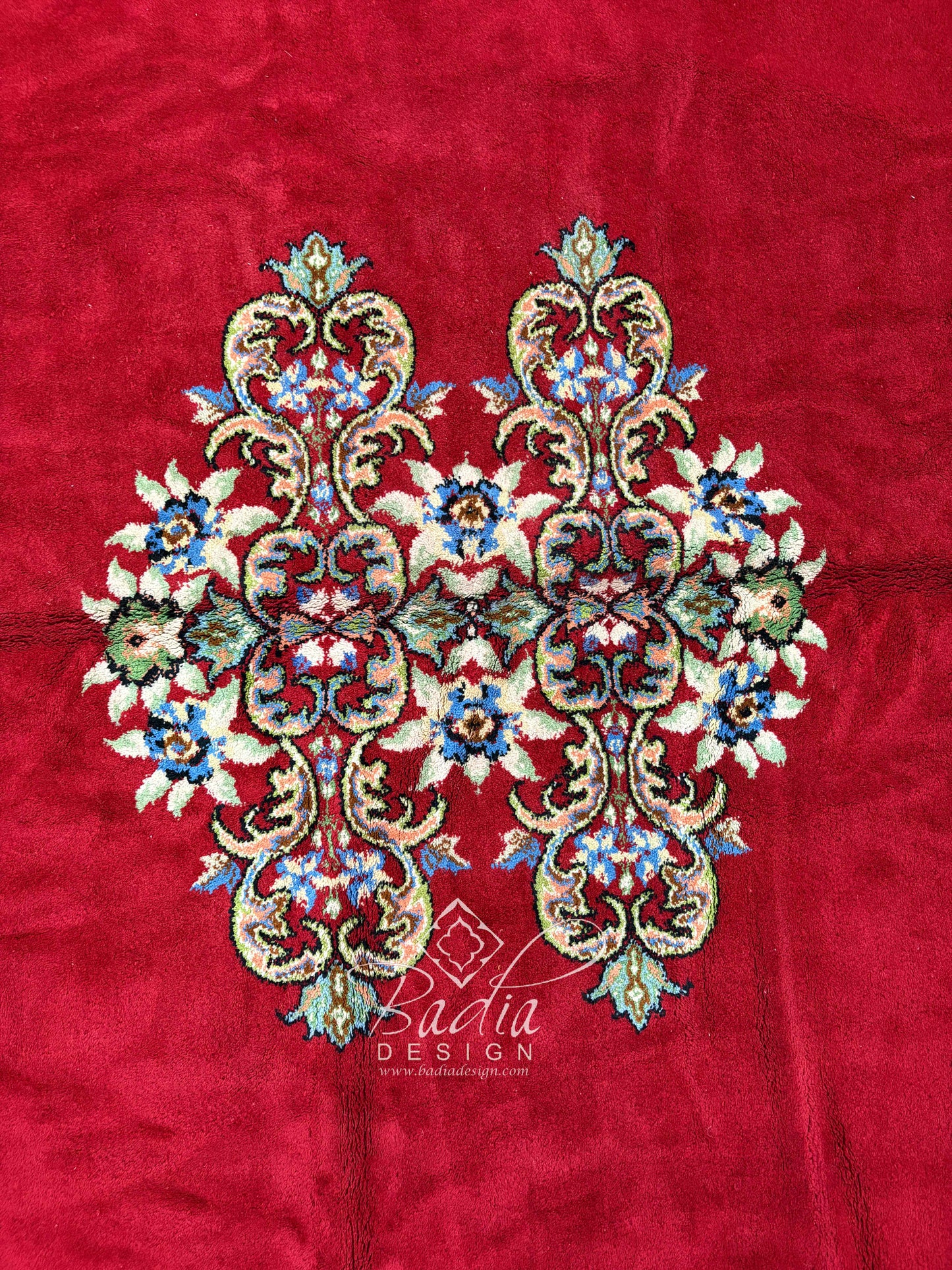 Red Runner Rug with Multicolor Geometric Designs