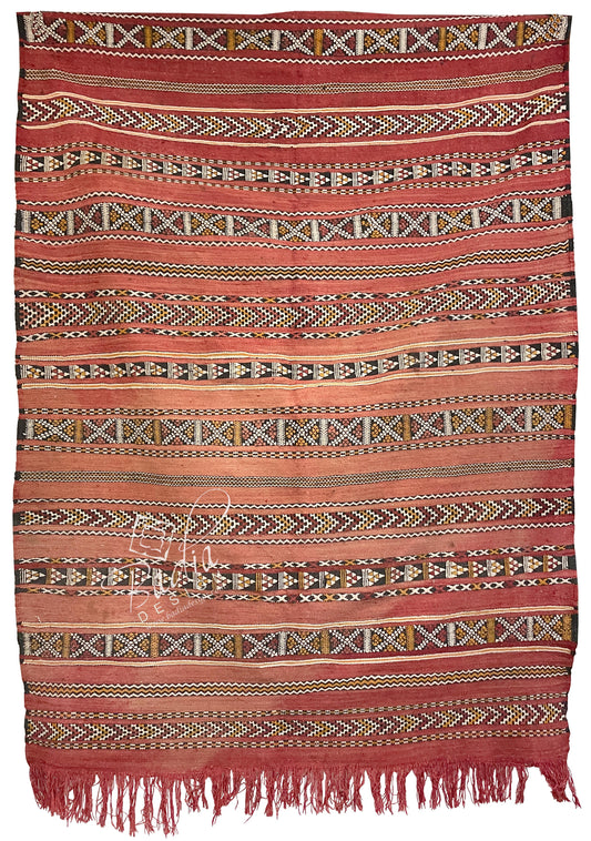 Red Multi-Color Moroccan Kilim Rug with Tribal Designs
