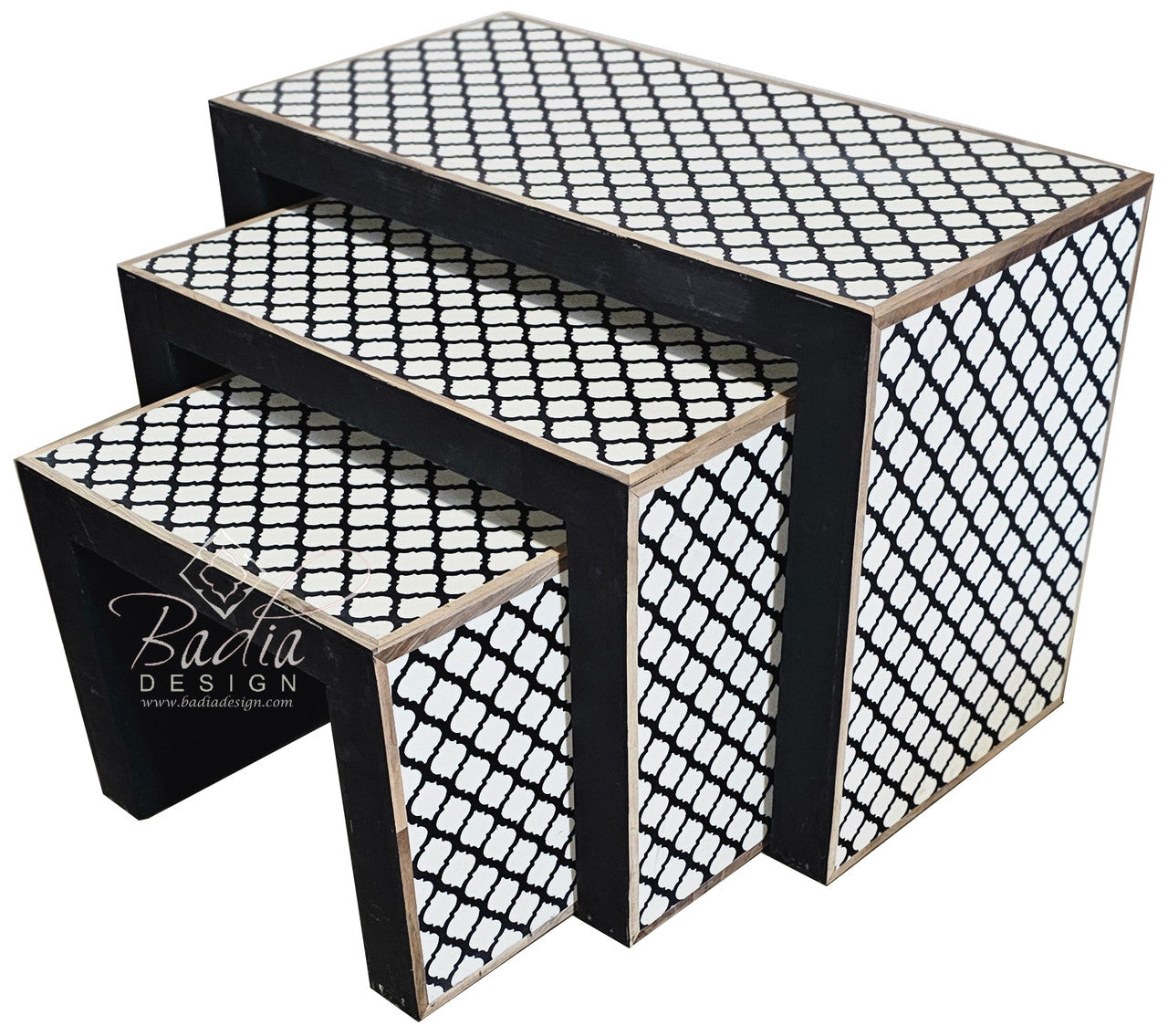 Black and White Wooden Resin Inlay Nesting Side Tables