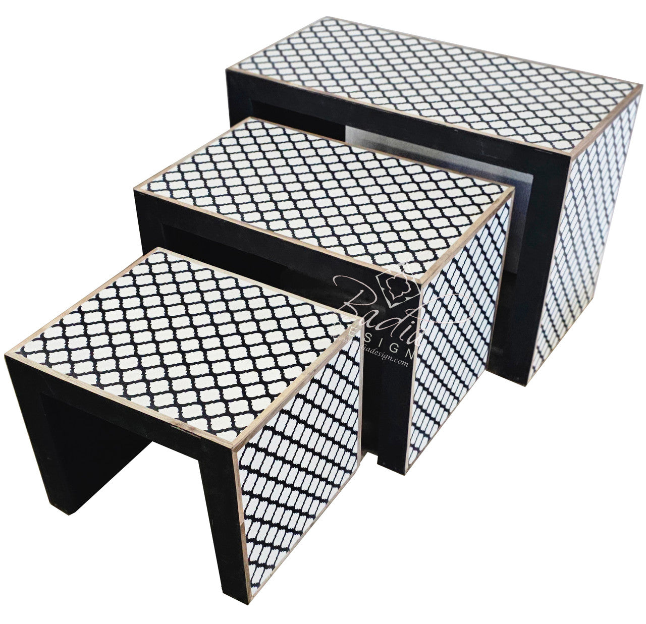 Black and White Wooden Resin Inlay Nesting Side Tables