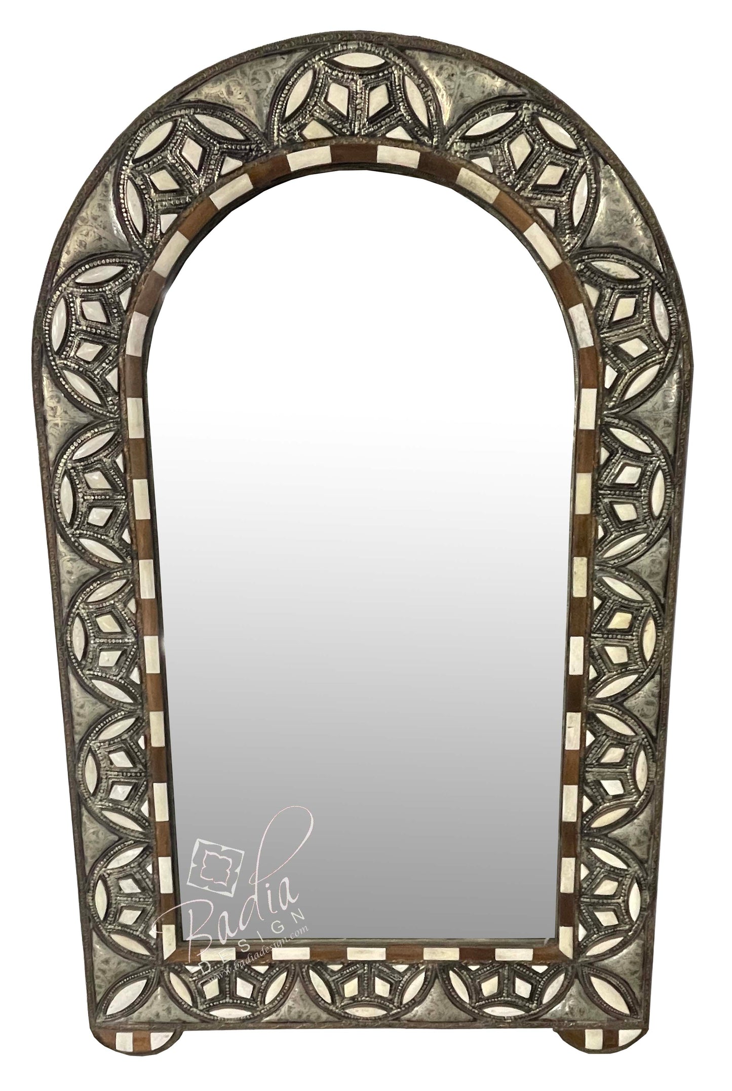Arch Top Vintage Metal and White Bone Inlay Mirror