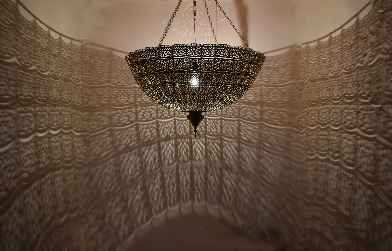 Intricately Designed Bowl Shaped Brass Chandelier