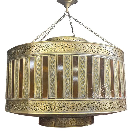 Brass Chandelier with Amber Color Glass