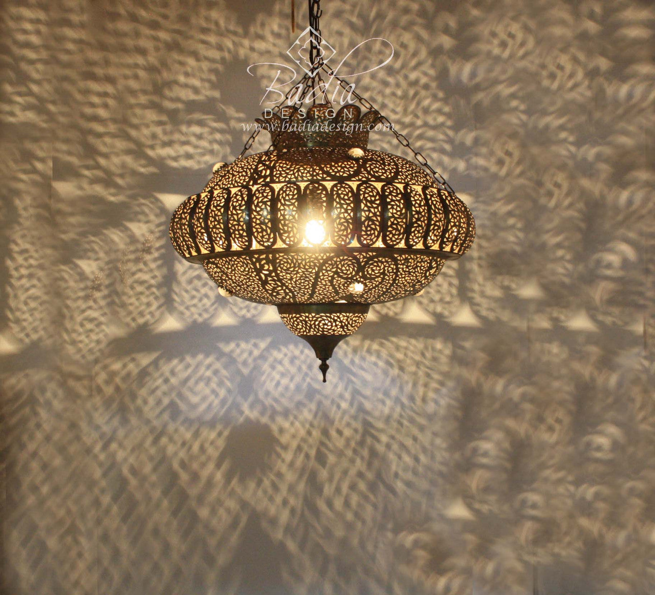 Hand Punched Brass Chandelier with White Glass Eyelets