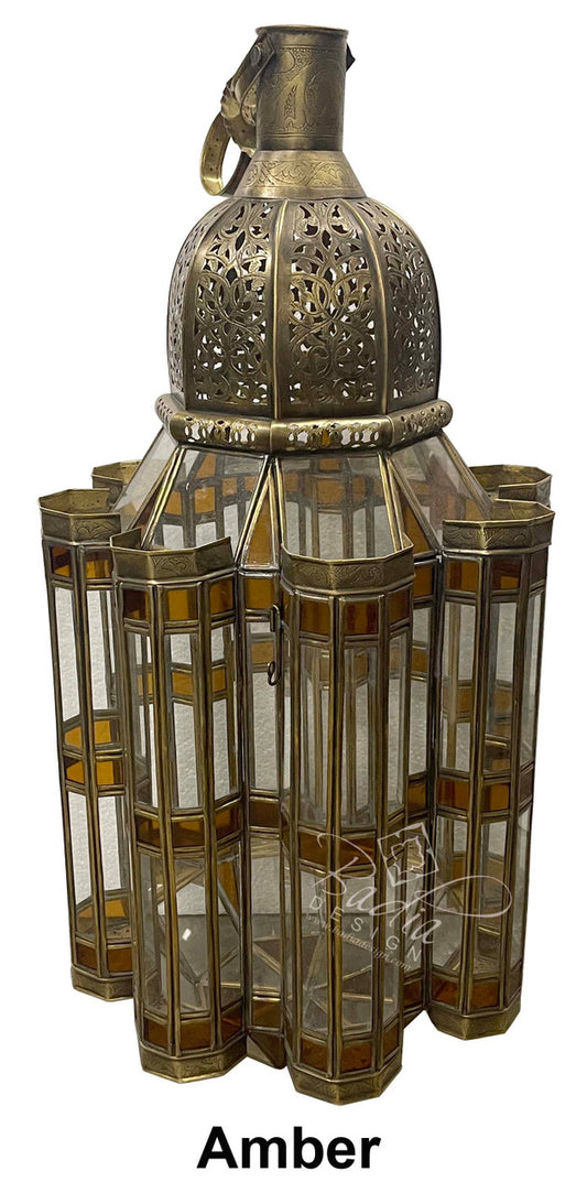 Geometric Brass Floor Lantern with Multi-Color Glass