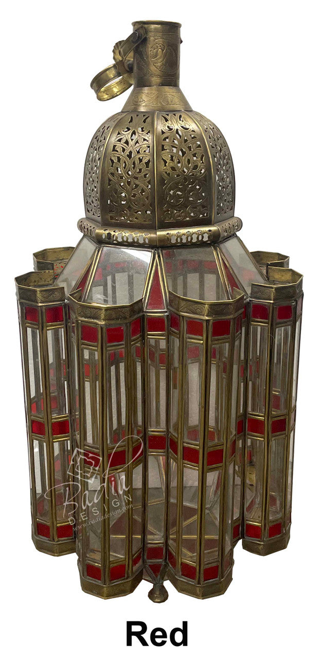 Geometric Brass Floor Lantern with Multi-Color Glass