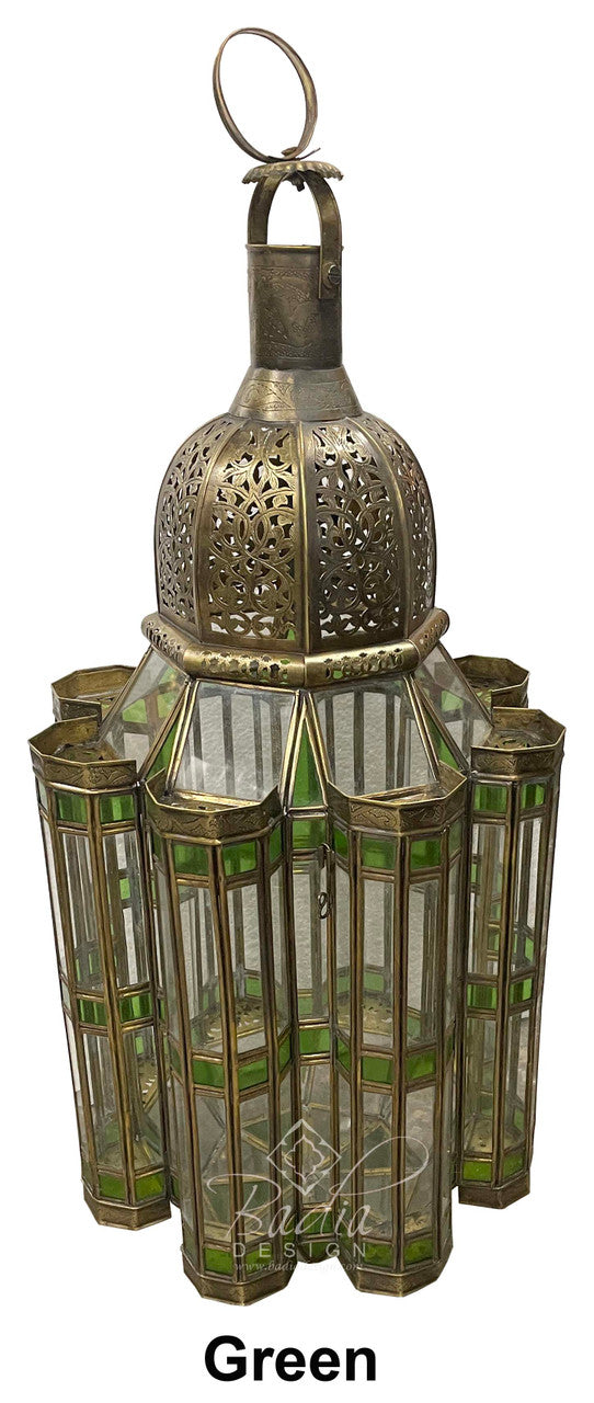 Geometric Brass Floor Lantern with Multi-Color Glass