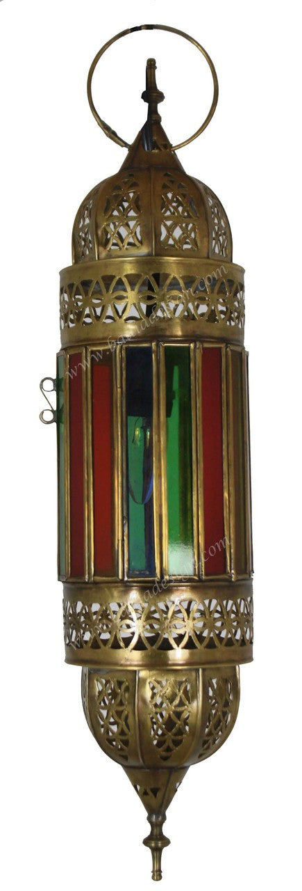 Hanging Brass Lantern with Multi Color Glass