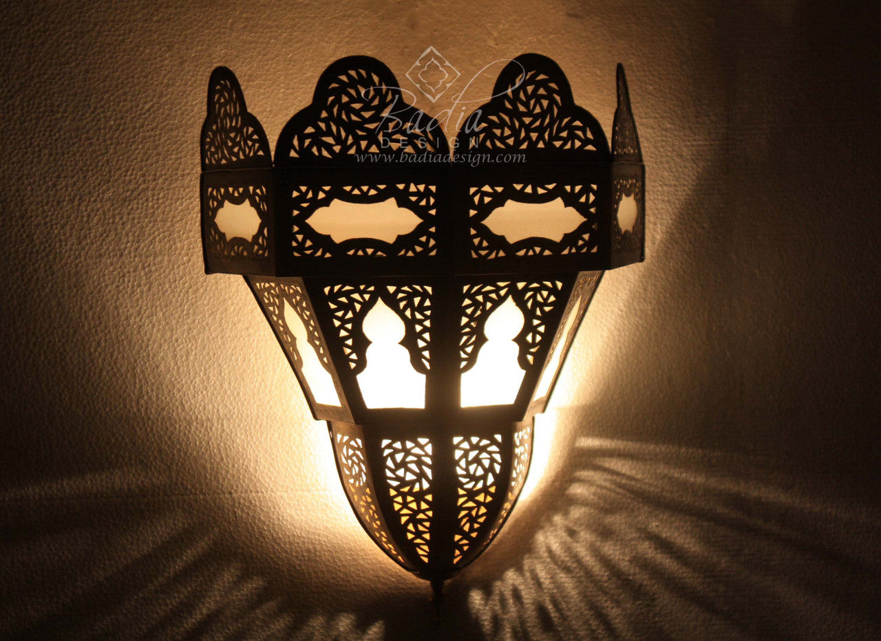 Intricately Designed Brass Wall Sconce with Soft White Glass