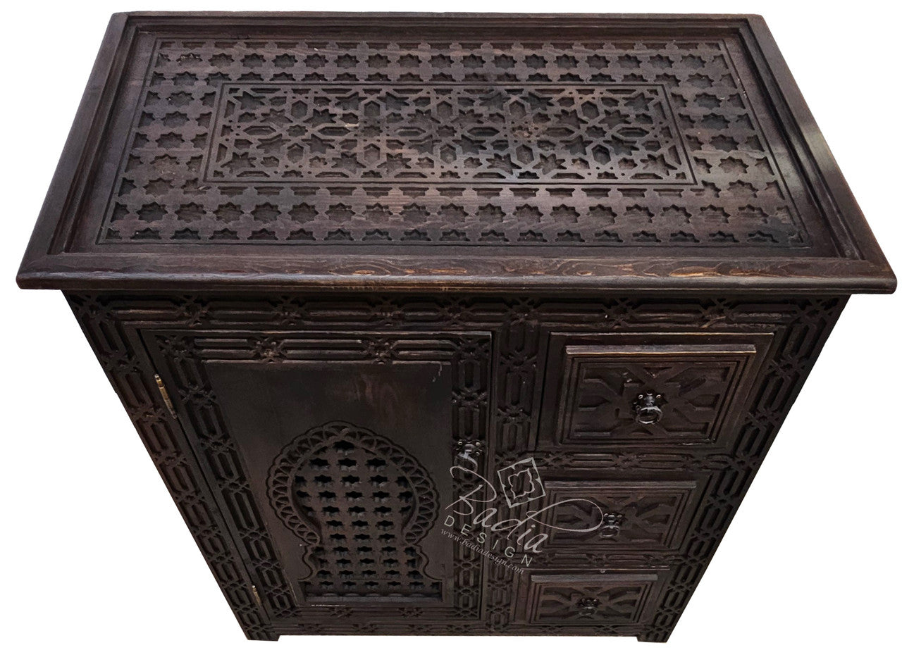 Dark Stained Hand Carved Wooden Cabinet