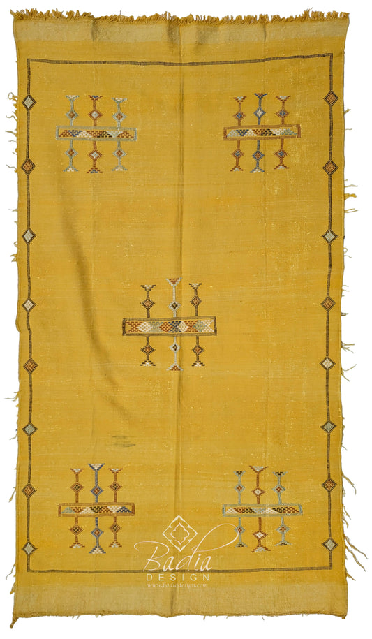 Yellow Cactus Silk Rug with Tribal Designs
