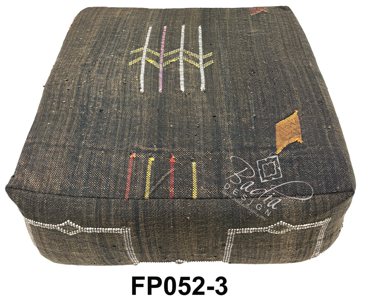Dark Brown Kilim Floor Cushion with Geometric Accents