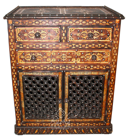 Dark Stained Wooden Bone Inlay Cabinet