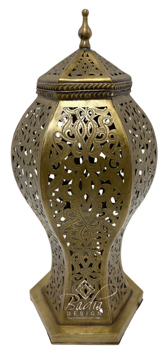 Hexagonal Brass Lantern with Intricate Floral Cutouts
