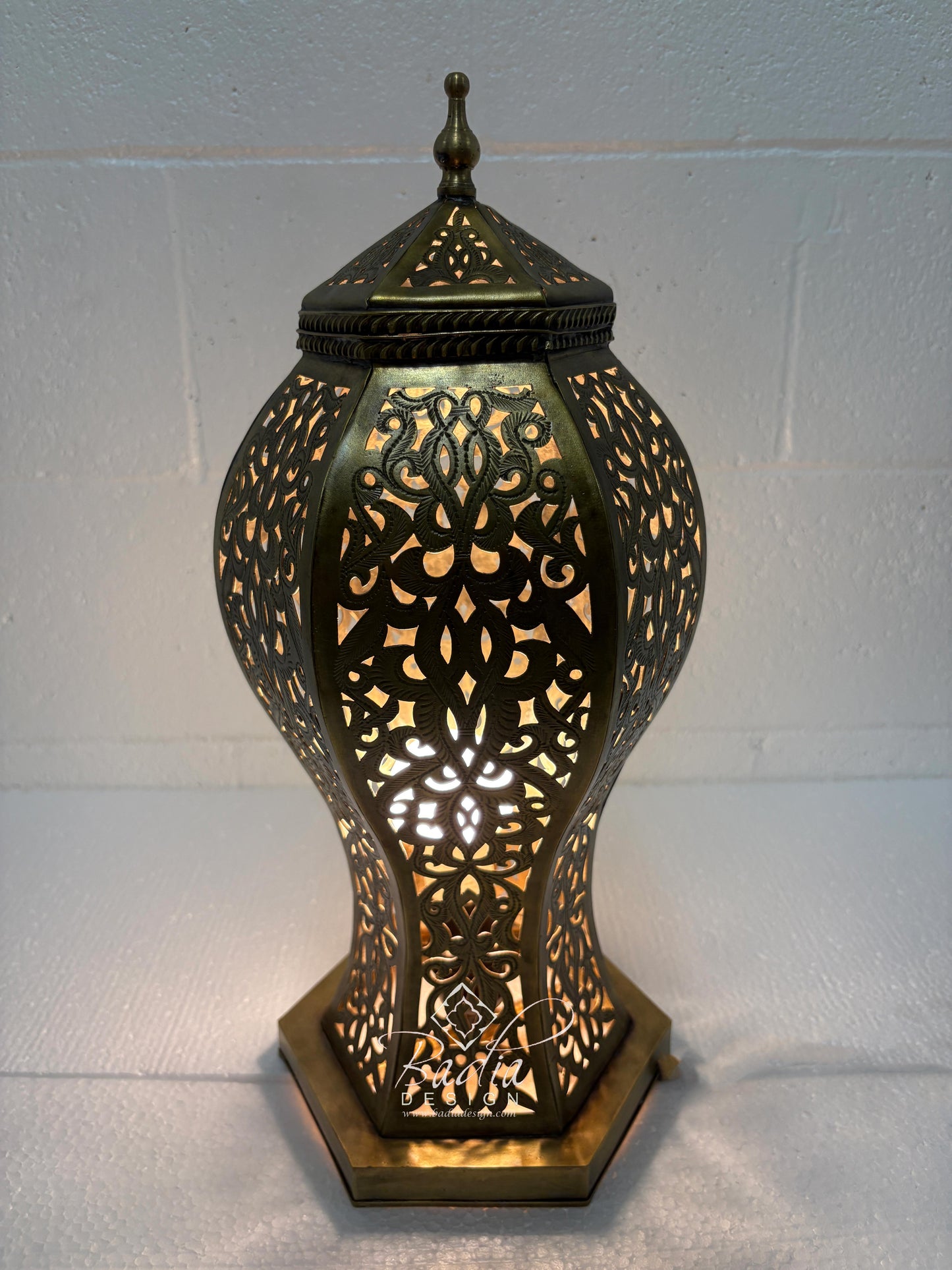 Hexagonal Brass Lantern with Intricate Floral Cutouts