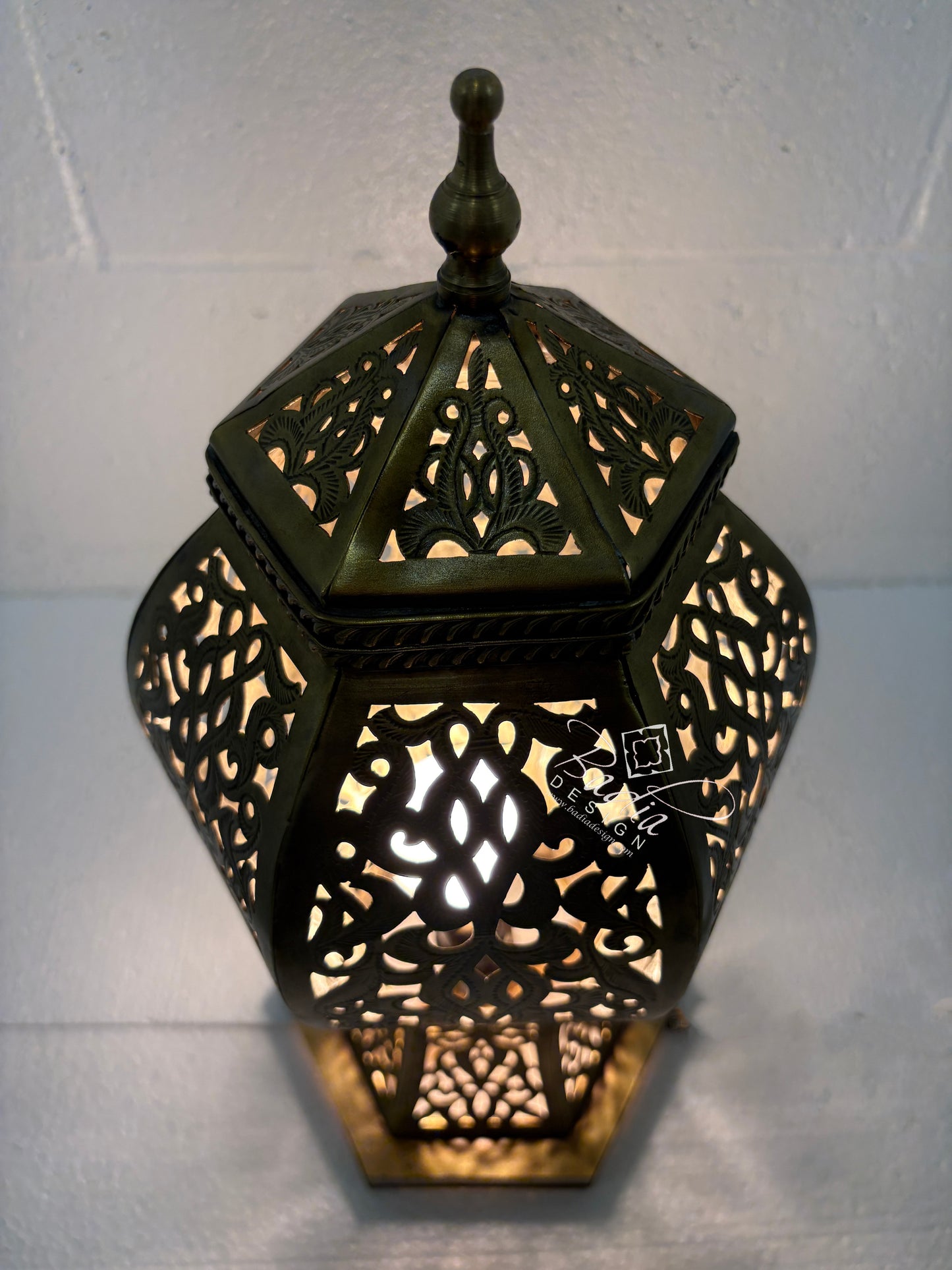 Hexagonal Brass Lantern with Intricate Floral Cutouts