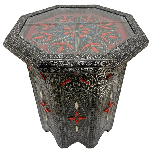 Octagon Shaped Metal and Bone Side Table with Glass Top